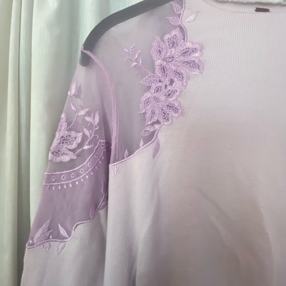 Free People Romantic Lilac Long Sleeve Top with Mesh Shoulders Floral Embroidery - Picture 2 of 9